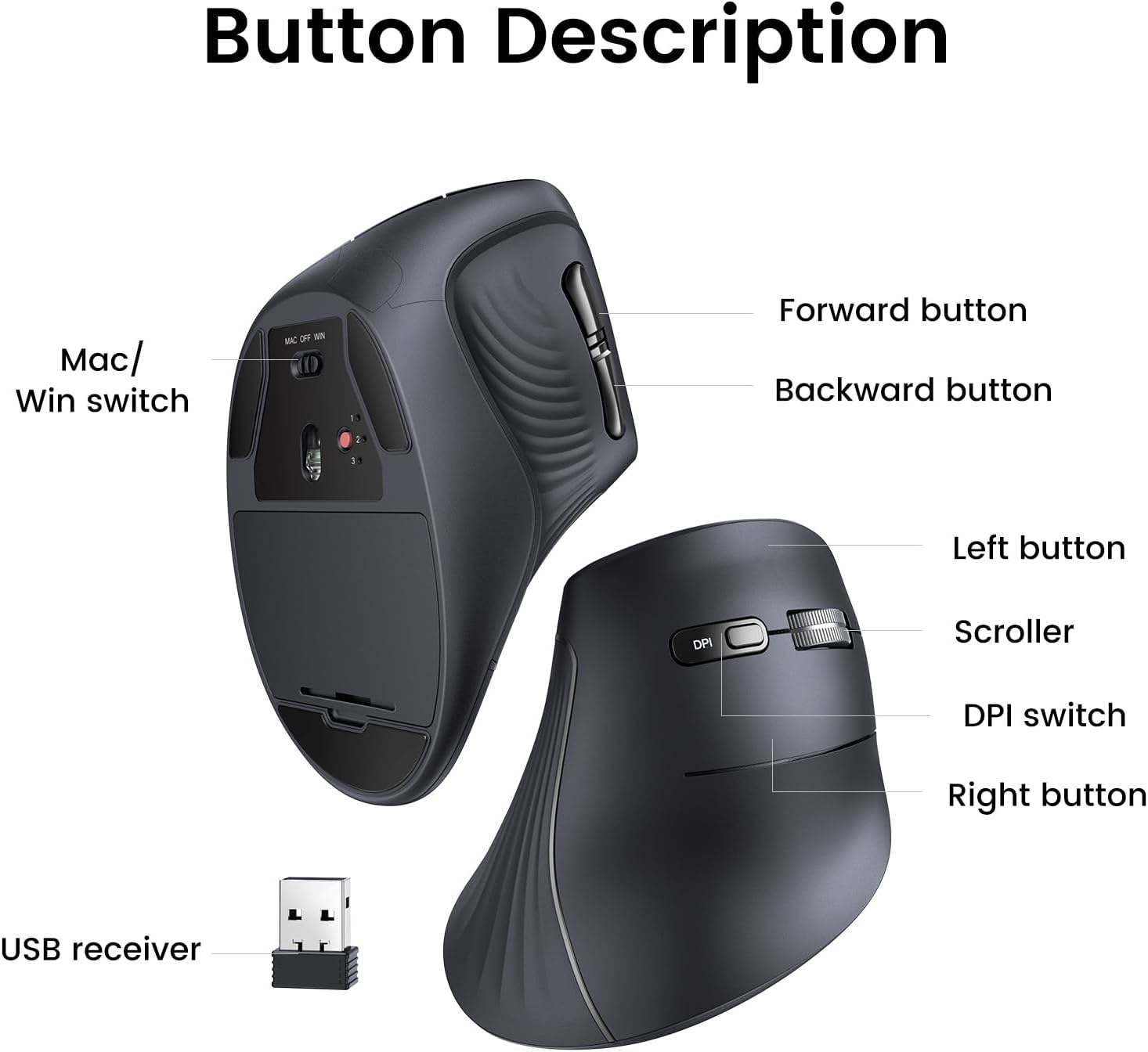 Ergonomic Mouse Vertical - Ratón Inalámbrico Bluetooth Vertical UGREEN MU008,